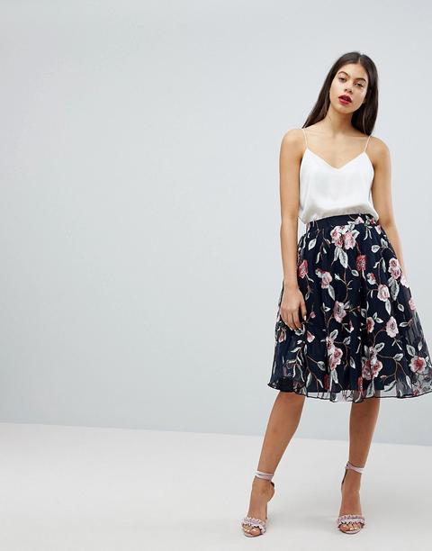 Club L - Gonna In Tulle Con Ricami A Fiori - Navy