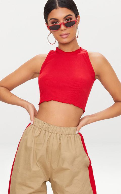 Red Rib Frill Detail High Neck Crop Top