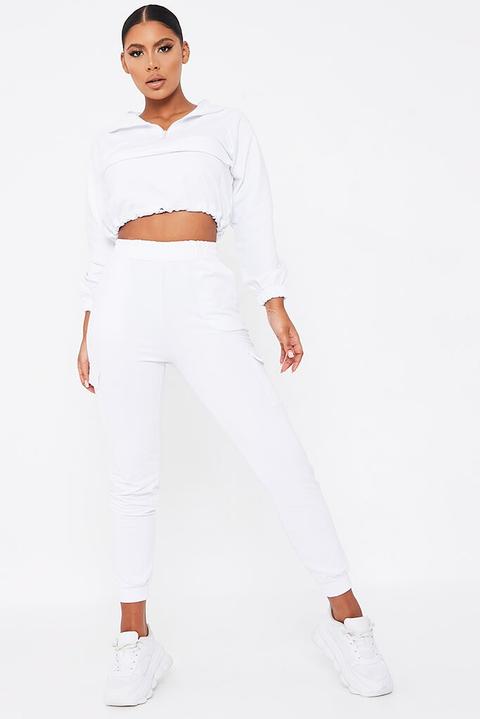 White Front Pocket Half Zip Lounge Set , White