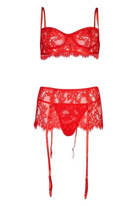 Lace Bralette Thong And Suspender Set