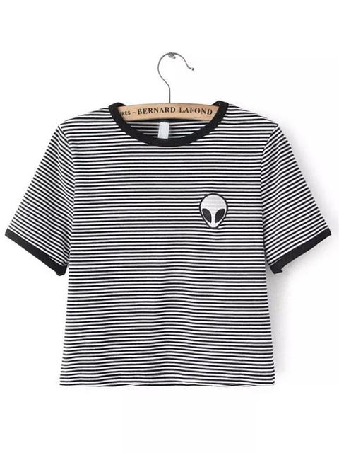 Camiseta Escote Redondo Rayas Estampado Crop Negro Blanco