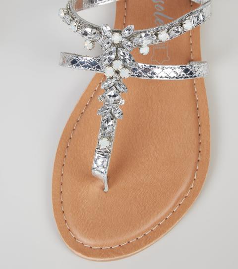 Silver Leather Metallic Diamanté Sandals New Look