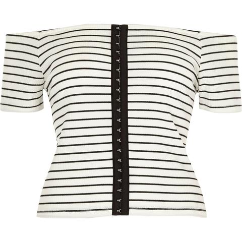 White Stripe Bardot Hook And Eye Top