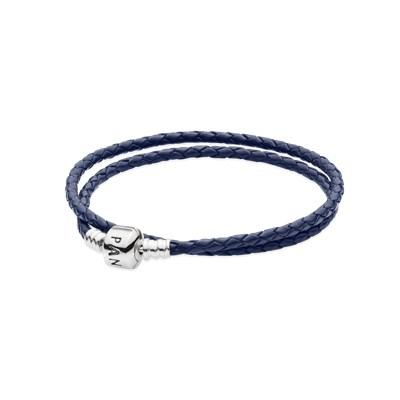 Bracciale In Pelle Intrecciata Blu, Giro Doppio