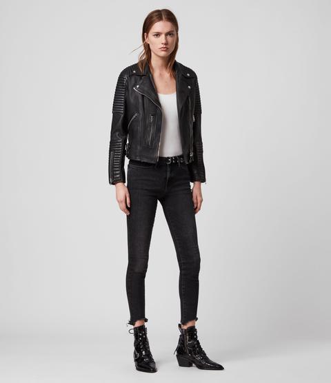 Allsaints Women's Leather Regular Fit Quilted Estella Biker Jacket, Black, Size: 10