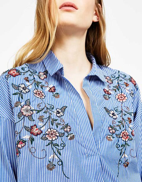 Camicia A Righe E Fiori Ricamati