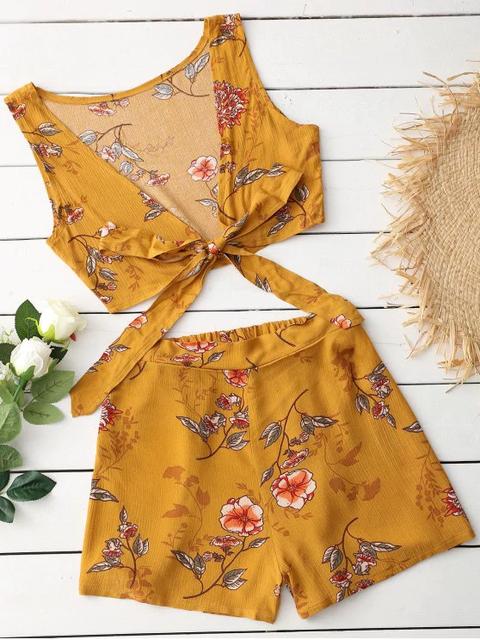 Conjunto De Top Corto Y Shorts Florales Sin Mangas