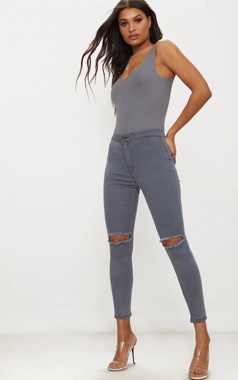 Grey Ripped Knee Skinny Jean, Grey