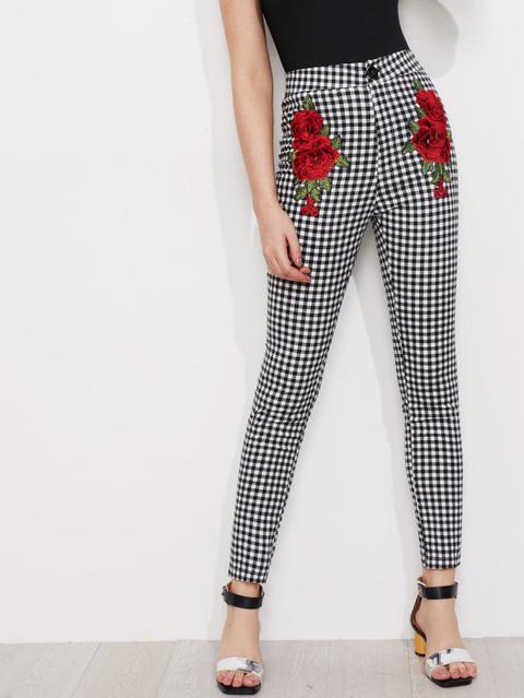 Pantaloni A Quadretti Con Applique Di 3d Rosa