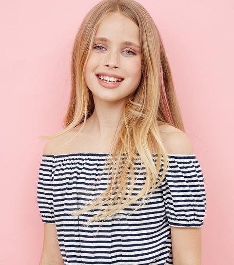 Girls White Stripe Tie Front Bardot Top New Look