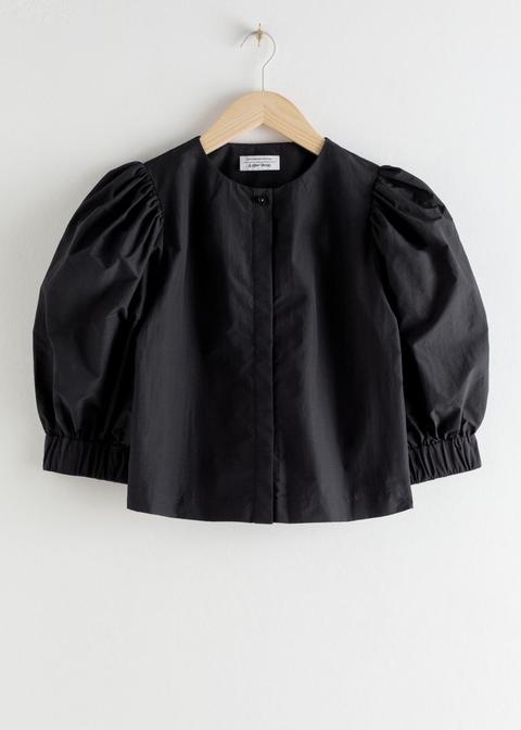 Puff Sleeve Cotton Blend Blouse - Black