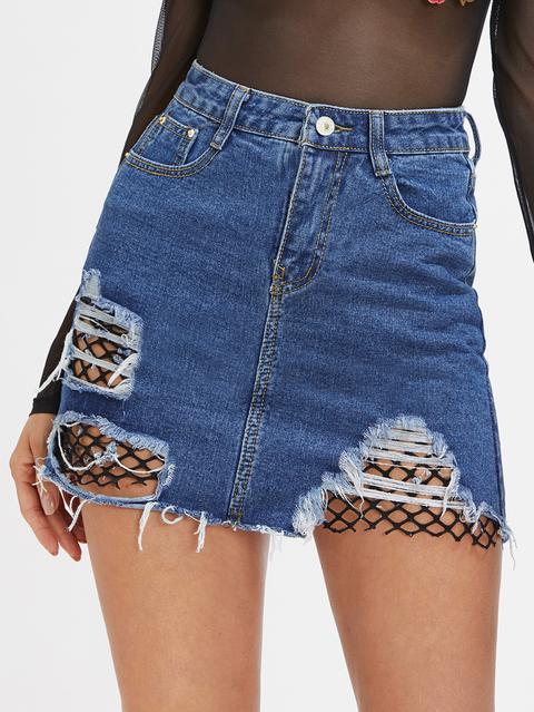 Destroyed Fishnet Insert Fray Trim Denim Skirt