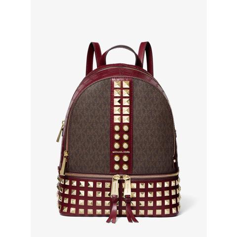 Mk Rhea Medium Logo And Leather Backpack - Dk Berry - Michael Kors