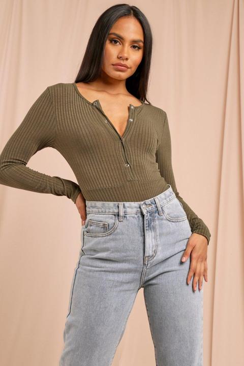 Womens Popper Front Long Sleeve Rib Bodysuit Khaki