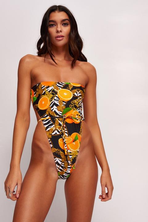 Orange Scarf Print Waist Tie Bandeau Swimsuit