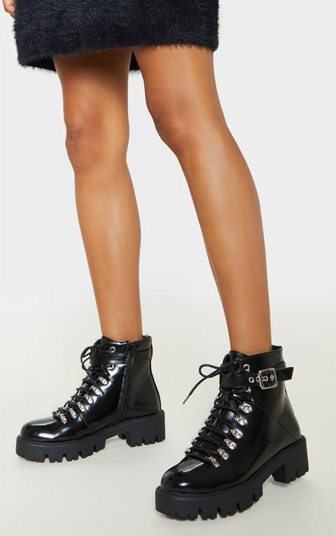 Black Hiker Lace Up Ankle Buckle Boot