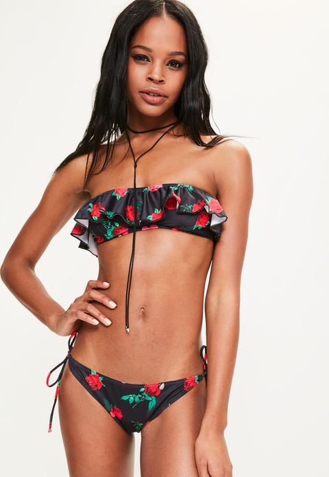 Black Rose Print Frill Bandeau Bikini Top - Mix & Match