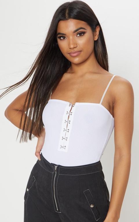 White Hook & Eye Rib Sleeveless Bodysuit, White