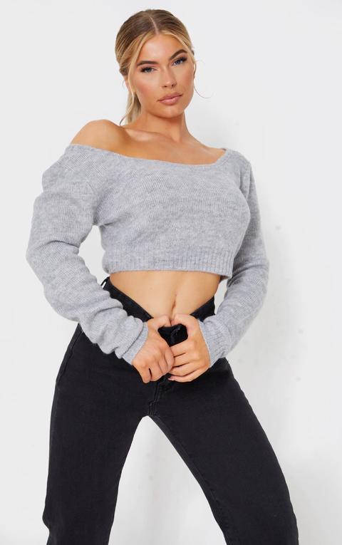 Grey V Neck Off Shoulder Soft Knitted Crop Jumper