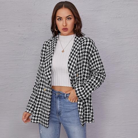 Houndstooth Double-breasted Shawl Collar Tweed Coat