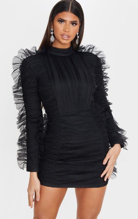 Black Bandage Chiffon Frill Bodycon Dress