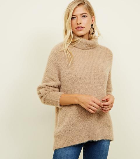 Camel Fluffy High Neck Jumper New Look