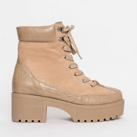 Karmen Beige Croc Lace Up Hiking Ankle Boots