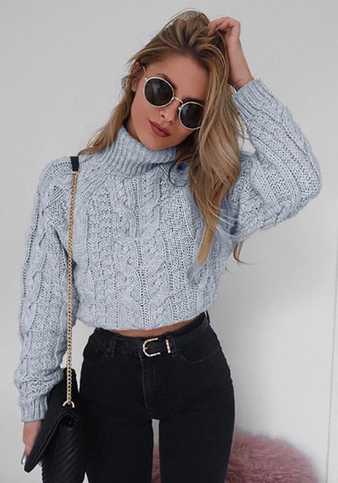 Grey Plain Crop High Neck Long Sleeve Fashion Pullover Sweater