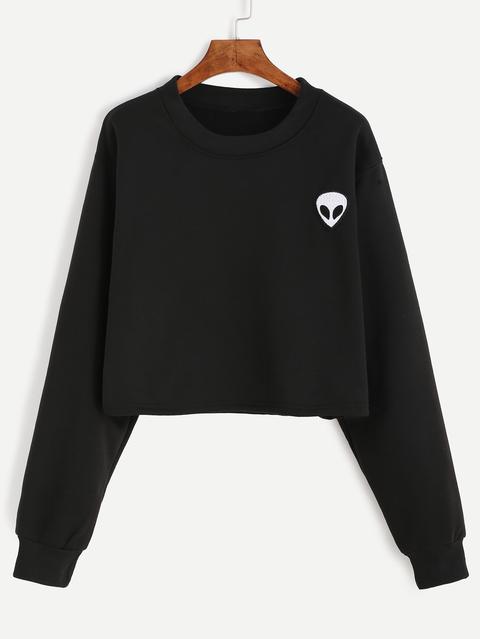 Black Alien Embroidered Crop Sweatshirt