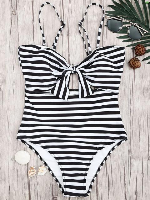 Costume Da Bagno Tagliato Intero Annodato A Righe White And Black Grey And White Red With White