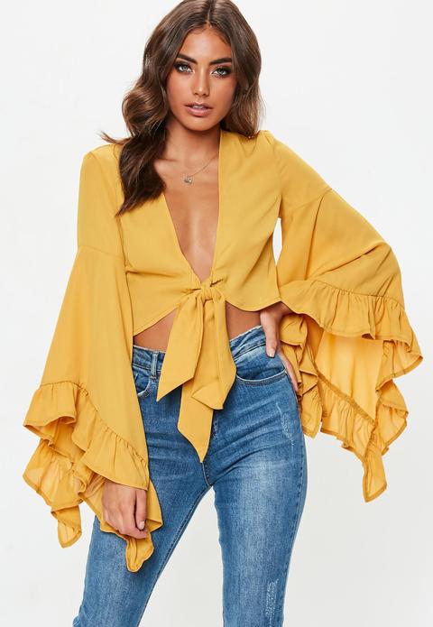 Mustard Extreme Flare Sleeve Tie Front Crop Top, Gold