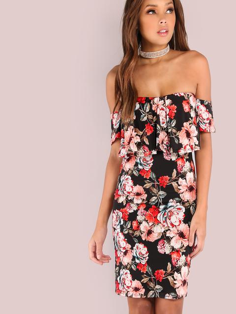 Vestido Floral Con Hombro Al Aire