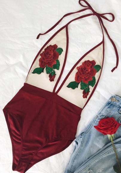 Traje De Baño Bordado Floral Condole La Correa Delgadarojo