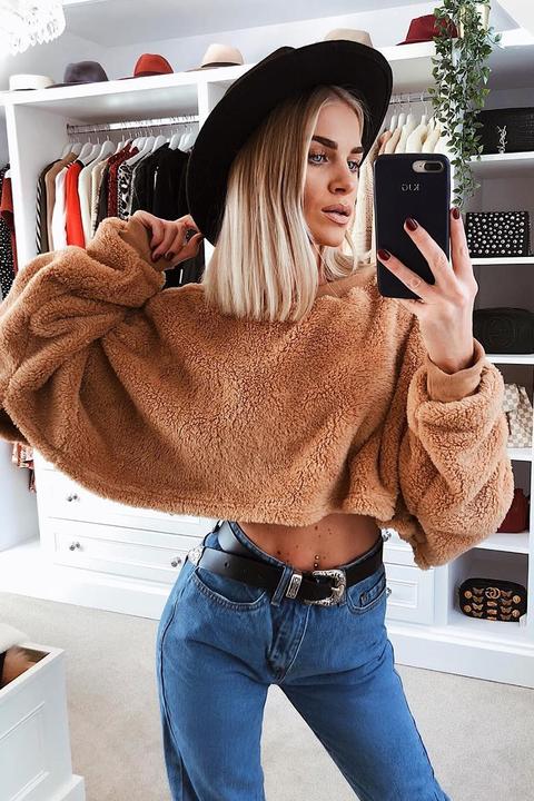 Camel Jumpers - Camel Teddy Fur Crop Jumper