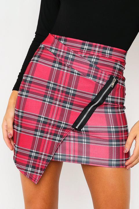 Red Tartan Zip Detail Skirt