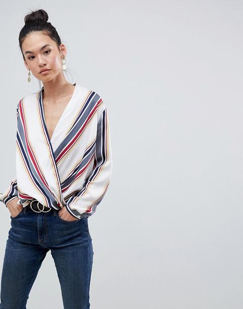 Boohoo - Blusa A Portafoglio A Righe - Bianco