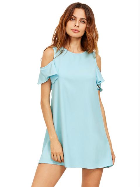 Blue Cold Shoulder Ruffle Sleeves Shift Dress