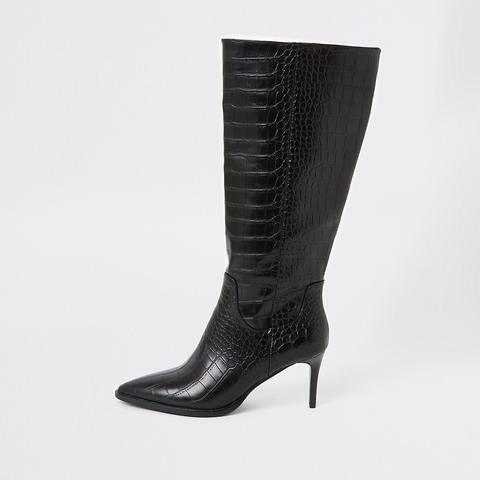 Black Croc Embossed Knee High Pointed Boots