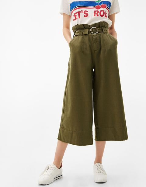 Pantaloni Cropped Vita Alta Con Cintura