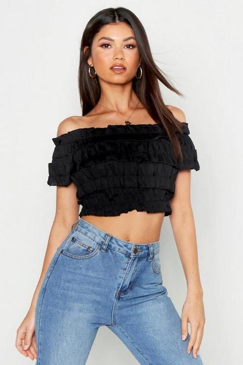 Crop Top Côtelé Bardot - Noir - 34, Noir