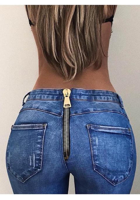 Jeans Lunghi Tasche Posteriori Con Cerniera A Vita Alta Fidanzato Mamma Blu