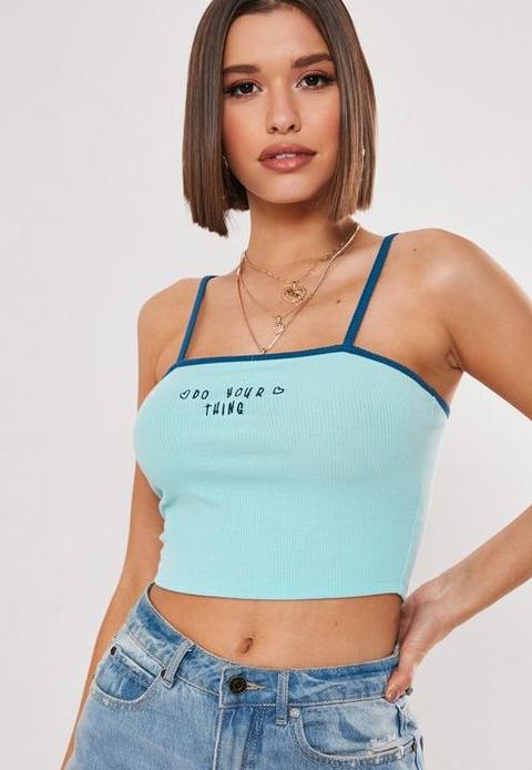 Blue Rib Embroidered Crop Top, Blue