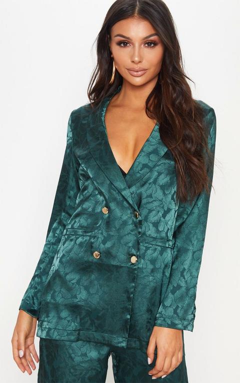 Emerald Green Floral Print Satin Blazer