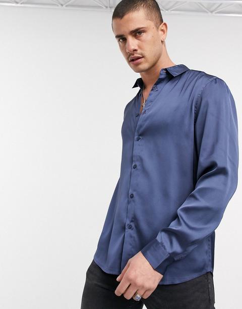 Camisa De Corte Holgado De Satén En Azul Petróleo De Asos Design-azul Marino