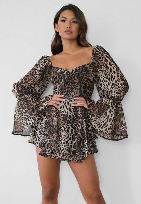 Brown Leopard Print Overlay Milkmaid Playsuit, Brown