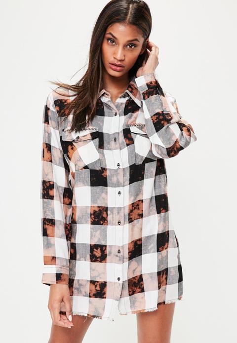 Brown Checked Fray Hem Stud Detail Shirt Dress, Red