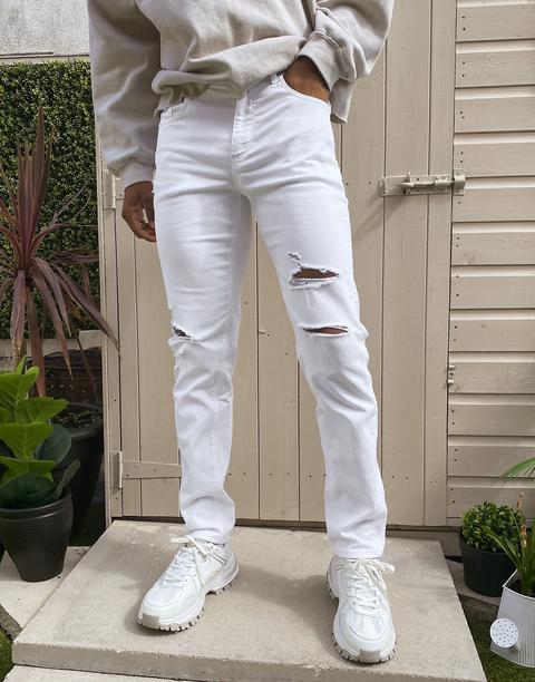 Asos Design Stretch Tapered Jeans In White With Rips