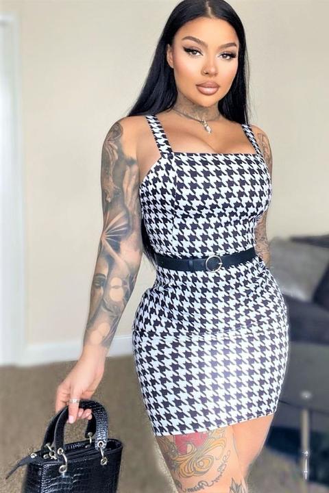 Black And White Dogstooth Bodycon Dress- Genevieve - 4