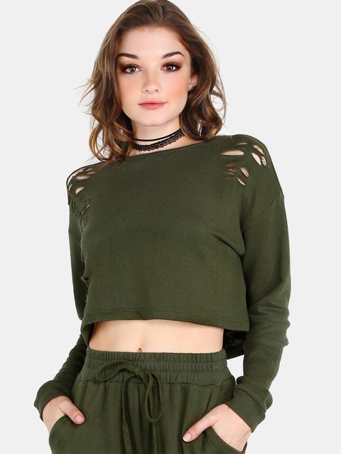 Distressed Cropped Pullover Olive