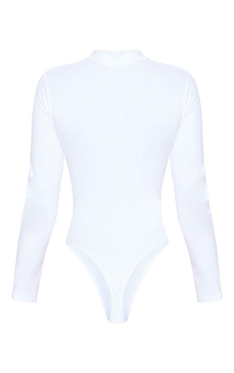 High Neck Long Sleeve Bodysuit, White 